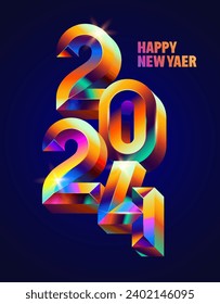 New year 2024. Metallic iridescent numbers on blue background. Festive holiday design. Not generated by AI.