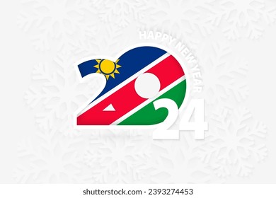 Neujahr 2024 für Namibia auf Schneeflocken-Hintergrund. Gruß Namibia mit dem neuen Jahr 2024.
