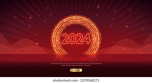 New Year 2024 Neon Template on Bright Red Background. Vector clipart for your projects.
