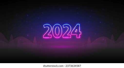 New Year 2024 Neon Template on Dark Background. Vector clipart for your projects.