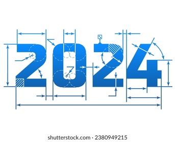 New Year 2024 number with dimension lines. Element of blueprint drawing in shape of 2024 year