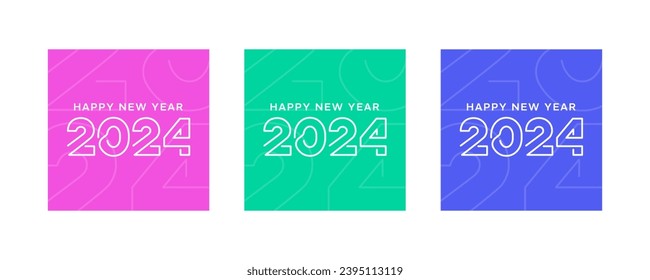 New year 2024 number outline style, colorful pink, blue, green. Design set template for poster, calendar, greeting card, social media. Vector illustration