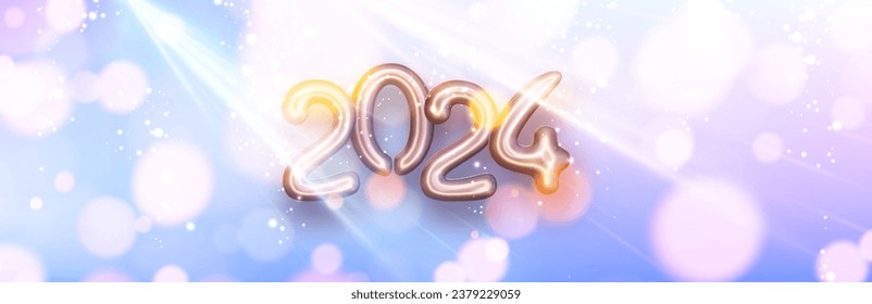 New Year 2024 numbers made of inflated balloons on color gradient horizontal winter banner with beautiful sun rays and blurred yellow round lights. Vector illustration.