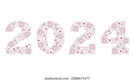 New Year 2024. Numbers made from red snowflakes. Vector illustration for design, banners, flyers, cards. White background.
