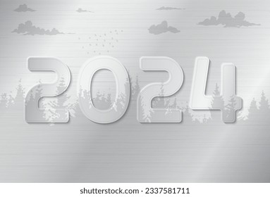 New year 2024. Numbers on a metal texture with a background of forest, clouds and birds.