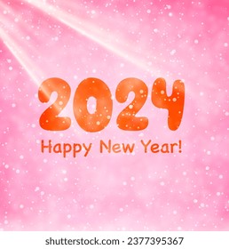 New Year 2024 numbers on pink winter background with beautiful sun rays and blurred snowflakes. Vector illustration.