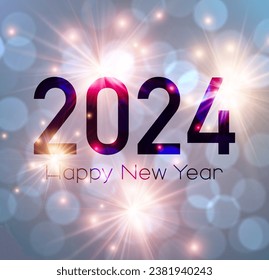New Year 2024 numbers on bright purple background with flying firework light particles. Vector illustration.