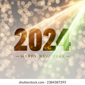 New Year 2024 numbers on bright golden textured background with light defocused particles and sun rays. Vector illustration.