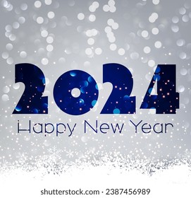 New Year 2024 numbers on bright silver textured background with light defocused particles and snow. Vector illustration.