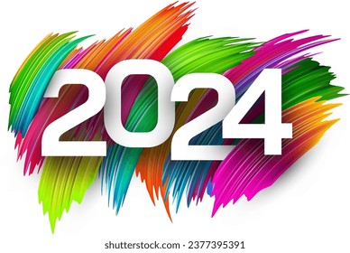 New Year 2024 paper numbers for calendar header on colorful background made of different color brush strokes. Vector illustration.