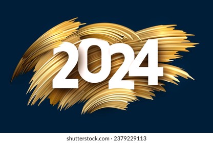 New Year 2024 paper numbers for calendar header with golden shiny brush strokes on blue background. Vector illustration.