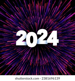 New Year 2024 paper numbers for calendar on colorful background made of exploding fireworks particles. Vector illustration.