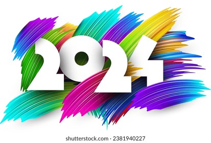 New Year 2024 paper numbers for calendar header on colorful background made of different color brush strokes. Vector illustration.