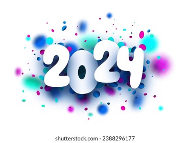 Números de papel de Año Nuevo 2024 para cabecera de calendario sobre fondo colorido hecho de confetti redondo multicolor borroso. Ilustración vectorial.
