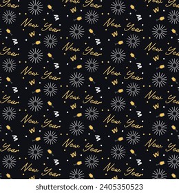 New year 2024 pattern with black background, fireworks, ribbons.