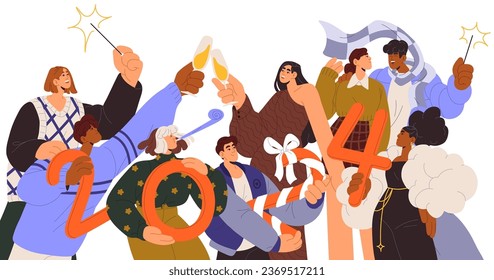 New year 2024. People celebrate newyear. Celebrating party. Men and women hold numbers in hands. Company, happy team, friends congratulate winter holiday. Flat isolated vector illustration on white