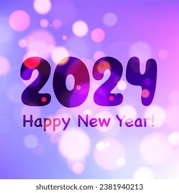 New Year 2024 pink background with beautiful bokeh and blurred yellow lights. Vector illustration.