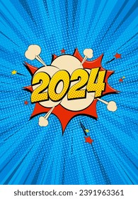 New Year 2024 pop art comic background lightning blast halftone dots. Cartoon Vector Illustration on blue