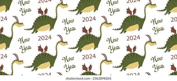 New Year 2024. Postcard. Green wooden dragon. Symbol of the year. A cheerful dragon is flying. I congratulate you. Seamless pattern with dragon. New Year's wrapping paper.