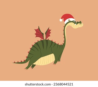 New Year 2024. Postcard. Green wooden dragon. Symbol of the year. A cheerful dragon is flying. I congratulate you. Cool card. Dinosaur with wings. Dragon in Santa's hat.