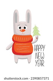 New year 2024 postcard with rabbit holding christmas tree. Vector