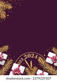 New Year 2024 purple background with golden countdown clock, fir branches and white gift boxes. Vector illustration.