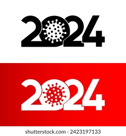 New Year 2024. Red and White Print with Zero Symbol as COVID-19 Virus-Cell. Isolated Illustration of New Year 2024 - Covid Coronavirus Concept