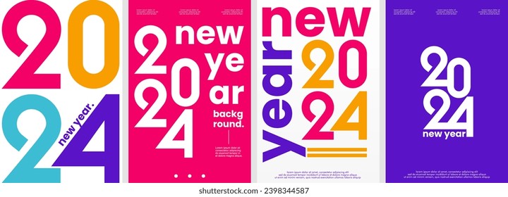 Año Nuevo 2024. Conjunto de 4 plantillas simples de ilustración vectorial de fondo tipográfico, de estilo plano. Adecuado para afiches, portadas, web, anuncios, banner social o volante