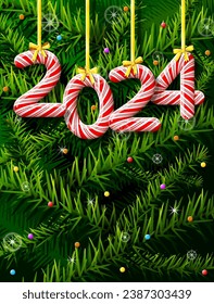 New Year 2024 in shape of candy stick against pine branches. Year number like holiday candies