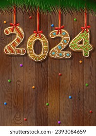 New Year 2024 in shape of gingerbread against wood background. Year number like cookies on ribbon