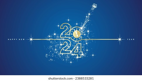 New Year 2024 shining line design typography with clock countdown and glitter sparkler firework golden white blue background vector