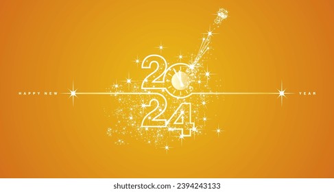 New Year 2024 shining line design typography with clock countdown and glitter sparkler firework white orange yellow background vector