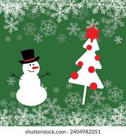 New Year 2024. Snowman and Christmas tree with a star. Greeting card and banner with snowflakes. Elements for stickers and print. Vector illustration with winter background