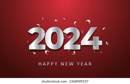 new year 2024 with style number in silver shiny color on a dark red gradient background for poster design