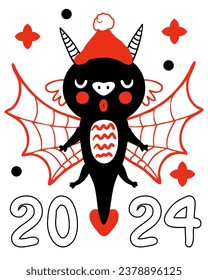 New Year 2024 template with cute flying dragon cartoon character. Perfect for tee, poster, greeting card, sticker. Doodle vector illustration.