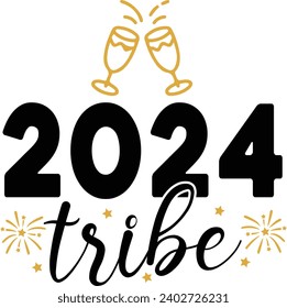 Diseño de texto de Año Nuevo 2024 para camisetas y prendas de vestir con fondo aislado transparente y blanco para camisa, capucha, sudadera, tarjeta, etiqueta, taza, icono, logotipo o placa