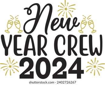 Neujahr 2024: Textdesign für T-Shirts und Bekleidung auf einfarbigem, transparentem Hintergrund einzeln für Hemd, Hoodie, Sweatshirt, Karte, Tag, Gramm, Symbol, Logo oder Badge