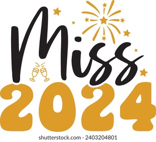 Diseño de texto de Año Nuevo 2024 para camisetas y prendas de vestir con fondo aislado transparente y blanco para camisa, capucha, sudadera, tarjeta, etiqueta, taza, icono, logotipo o placa