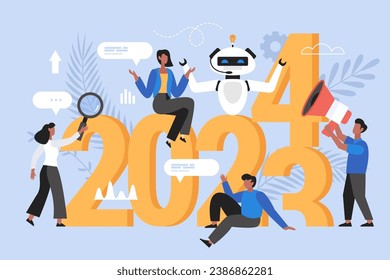 Neujahr 2024 Trends, Pläne und Wachstumskonzept.  Moderne Vektorgrafik von Menschen, die Trends analysieren und die AI-Technologie verwenden