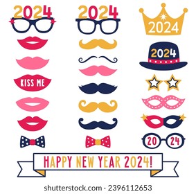 New Year 2024 vector party set (glasses, lips, mustaches)