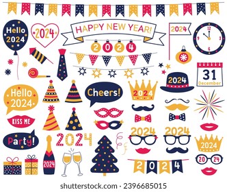 New Year 2024 vector party props set 