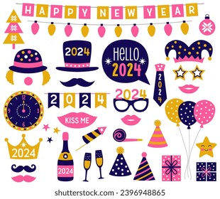 New Year 2024 vector party props set