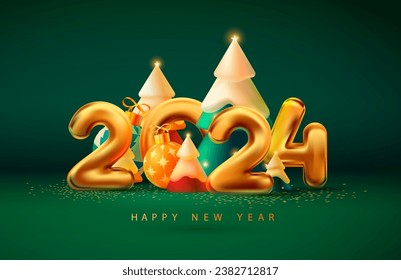 New year 2024. White big letters with 3D colored christmas trees. Greeting card design. The image was created without the use of any form of AI.