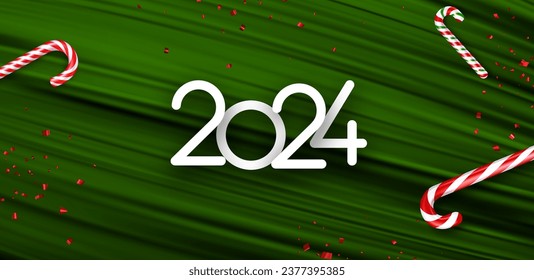 Neujahr 2024 weiße Zahlen auf grünem strukturiertem Hintergrund mit roten Folienkonfetti und Bonbons. Vektorgrafik.