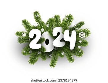New Year 2024 white paper numbers on realistic green fir twigs and snowflakes. Vector illustration.