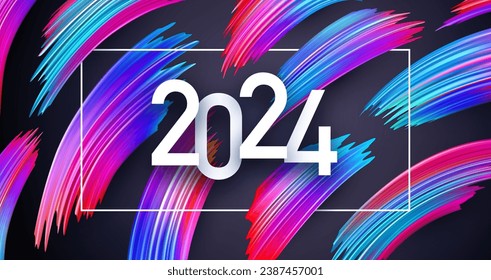 New Year 2024 white paper numbers for calendar header with gradient colored brush strokes on dark background. Vector illustration.