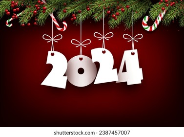 New Year 2024 white paper numbers for calendar header with candies, berries and green fir branches on red background. Vector illustration.
