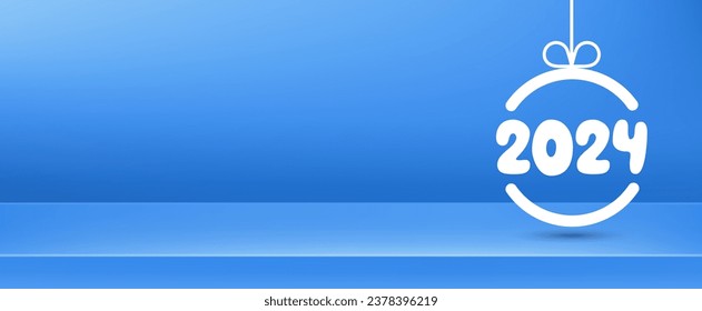 Año Nuevo 2024 números blancos redondeados para cabecera de calendario en navidad bauble sobre banner azul brillante 3d horizontal con lugar para texto. Ilustración vectorial.