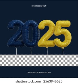 New year 2025 3d balloons set isolated on transparent background. 3d realistic blue and yellow festive 3d helium balloons template for celebrate and birthday party design