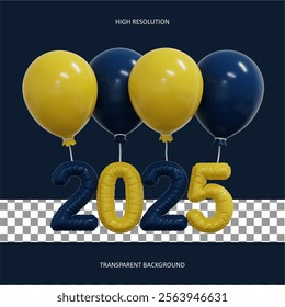 New year 2025 3d balloons set isolated on transparent background. 3d realistic blue and yellow festive 3d helium balloons template for celebrate and birthday party design